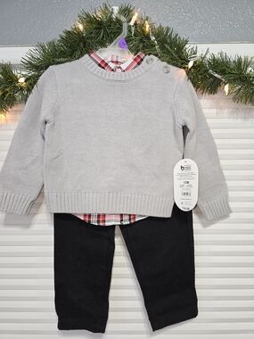 wonder nation Gray Knit Sweater with Red Plaid Shirt Layered Look
